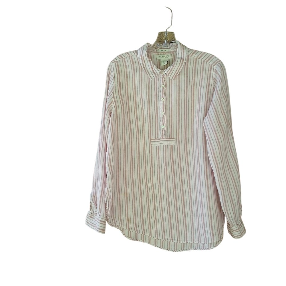 Rachel Zoe Pink & White Striped Long Sleeved Linen Tunic Large